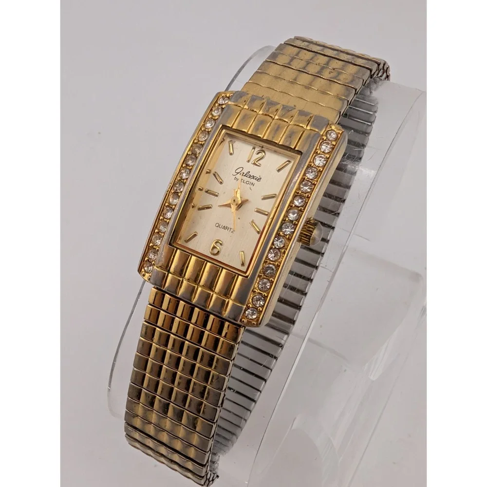 Galaxie by Elgin Women's Tank Watch 19mm Case Gold Stretch Band- New Battery
